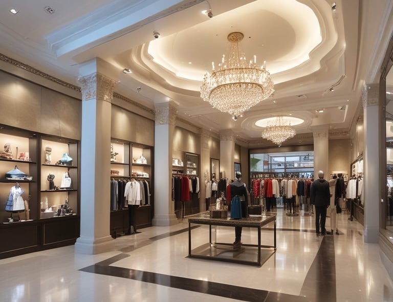 A modern retail store interior featuring shelves stocked with various merchandise including toys, figurines, and colorful boxes. The design includes sleek black counters with a gaming-themed logo, illuminated geometric light fixtures on the ceiling, and wooden flooring. Artwork and apparel are displayed on the walls, providing a vibrant and organized shopping environment.