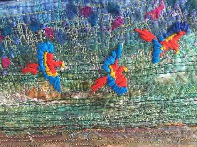 Parrots on Amazon Riverbank, freemotion & hand emb