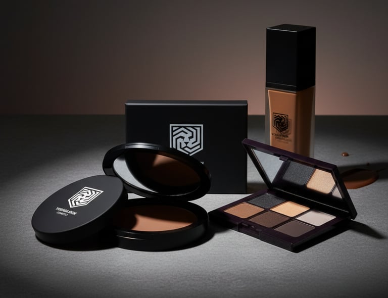 A collection of luxury makeup products including a foundation bottle, neutral eyeshadow palette, and compact powder.