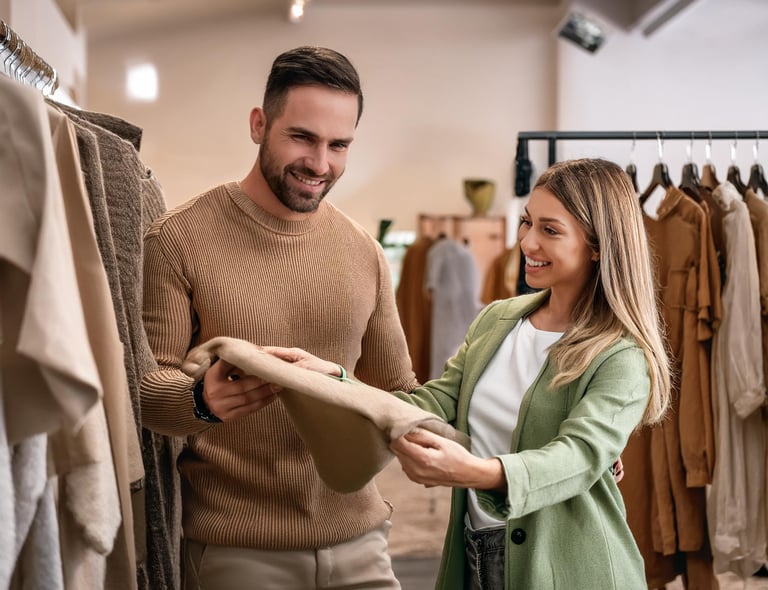 a man and woman in a clothing store
