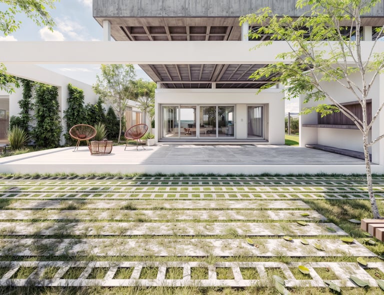 Render de una casa con una gran galería y un patio. Cumbres del Golf. Córdoba