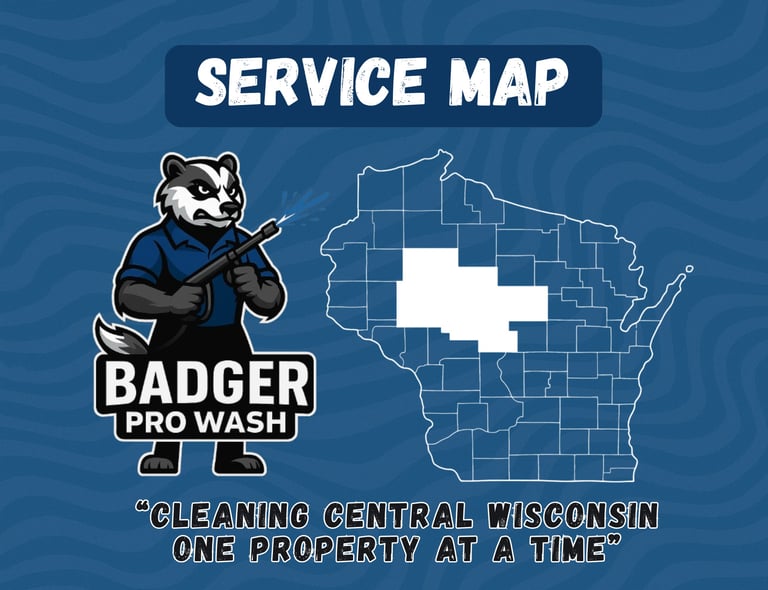 Badger Pro Wash's Service Map showing the areas of Eau Claire, Chippewa, Taylor County, Neillsville, Marshfield and Wausua