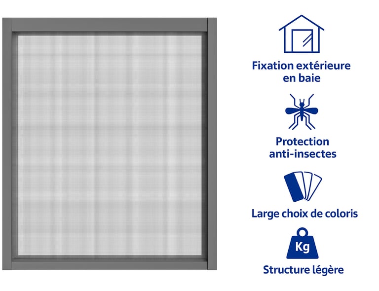 Moustiquaire fixe grise avec pictogrammes montrant protection anti-insectes et choix de coloris