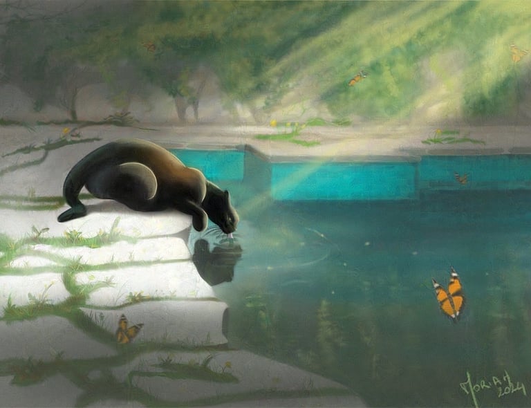 Illustration Black cat drinking water in nature