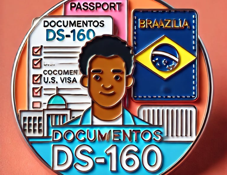 Imagem do formulário DS-160 ao lado de passaporte brasileiro, representando o processo de visto amer