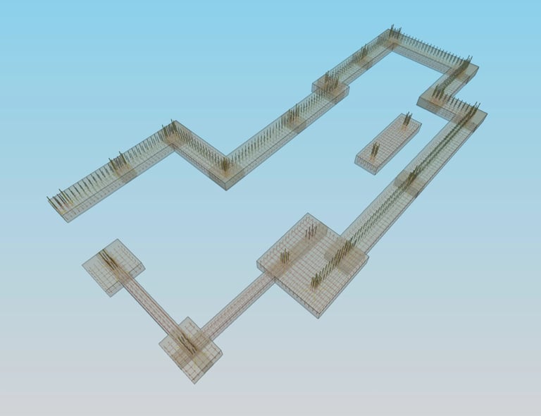 Moradia em Sintra. Projeto de Estruturas e Fundações. Vista tridimensional da Fundação.