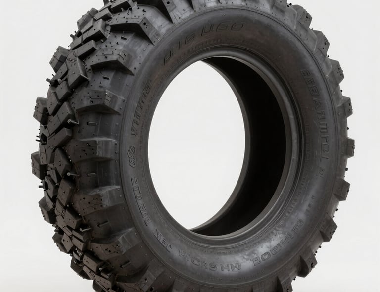 Close-up of a rugged all-terrain tire on a gravel road
