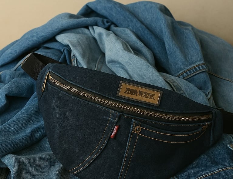 sac banane en jean upcyclé, sur un tas de jeans