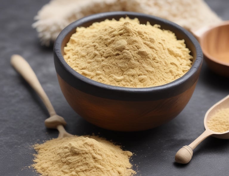 Close-up of finely roasted kinako powder in a wooden bowl with a bamboo scoop.