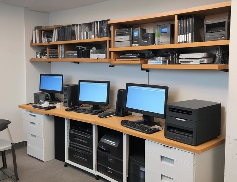 A cozy display of gently-used electronics neatly arranged on a wooden shelf.
