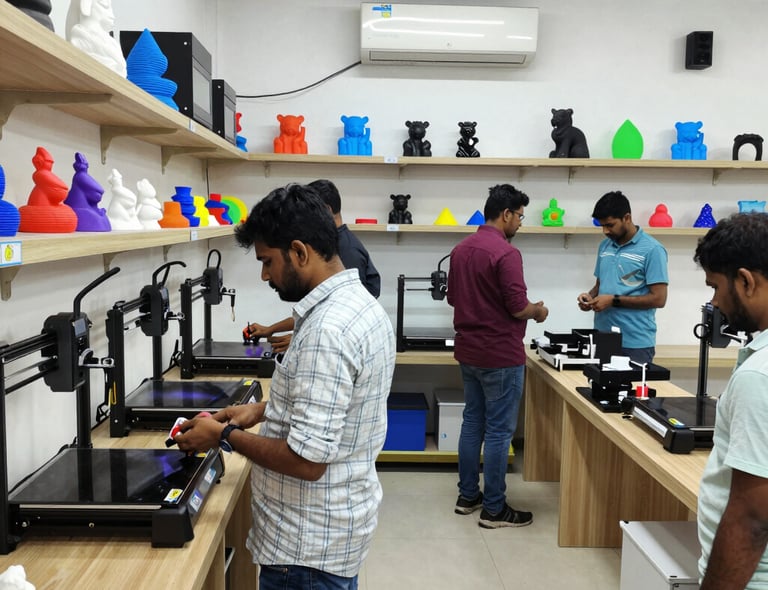 A vibrant workspace filled with printing equipment.