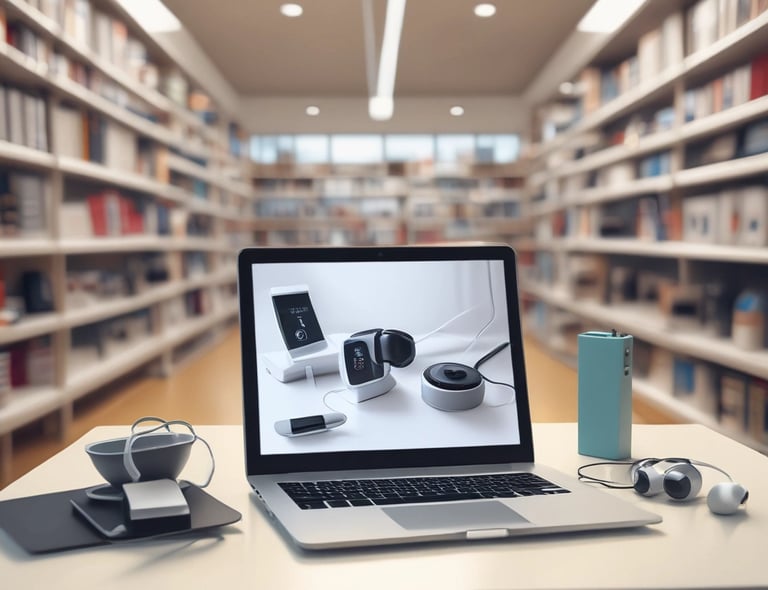 The image features a modern electronics store interior with wooden tables displaying various laptop models. Several people are present, some trying out devices while others converse. Large promotional images of smartwatches and smartphones are visible on the walls, adding to the store's sleek and innovative atmosphere.