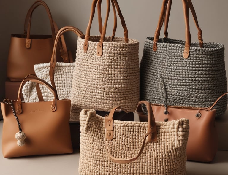 Several handcrafted leather bags and backpacks in various shades of brown and black are hanging on a wooden door. The bags feature intricate patterns and designs. Surrounding the bags are large decorative plates with carved geometric designs.