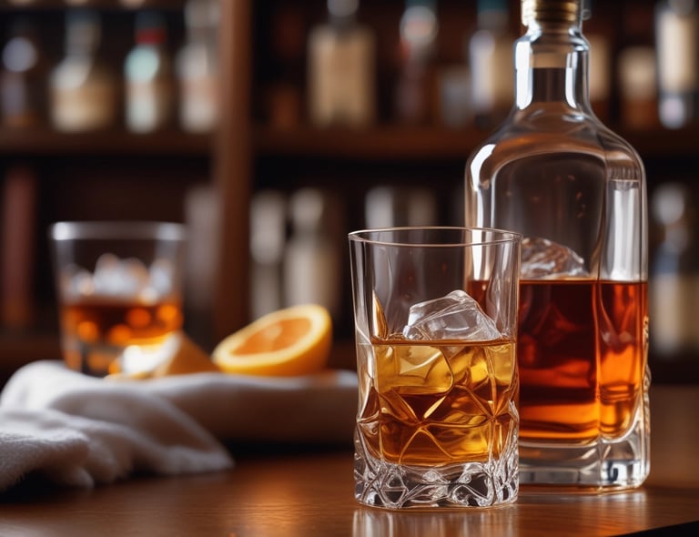 A selection of various alcoholic beverages on a wooden table.
