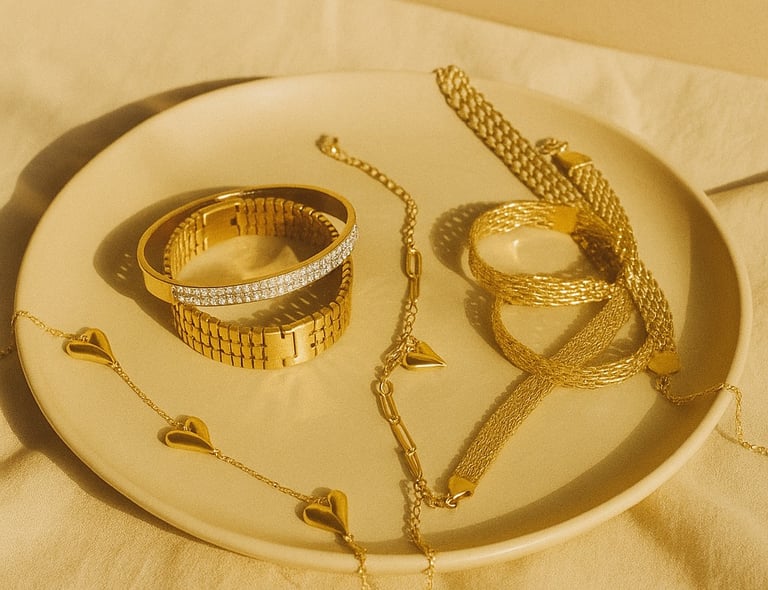 a plate with a gold bracelet bracelets and a gold bracelet. aesthetic, old money aesthetic, vintage
