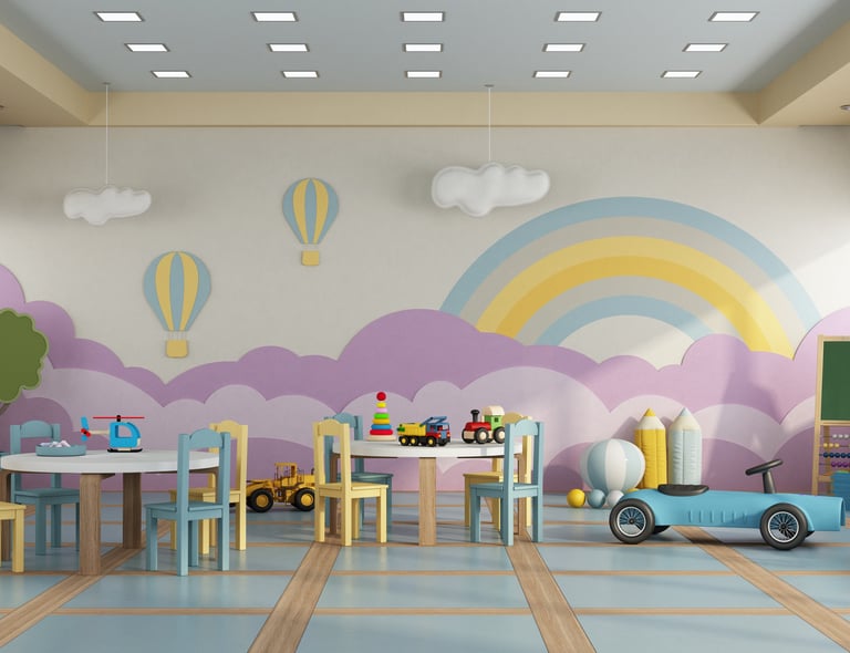 Vibrant and inviting kindergarten classroom filled with colorful educational materials and playful l