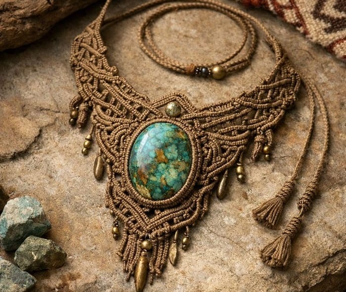 Collar de macrame, con pieda color verde sobre una base cafe