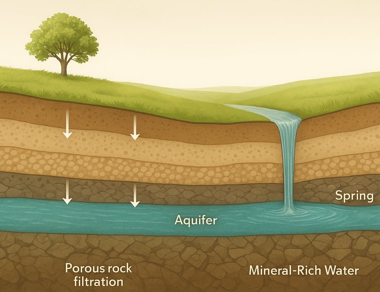 Aquifer diagram showing water filtered through rock to surface spring, mineral-rich water