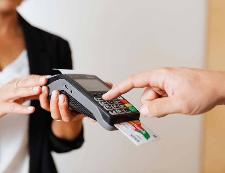 Customer entering PIN on a credit card terminal for a secure contactless payment transaction.