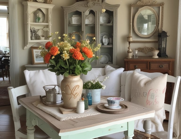 A cozy vintage armchair painted in soft pastel hues, nestled beside a rustic wooden side table.