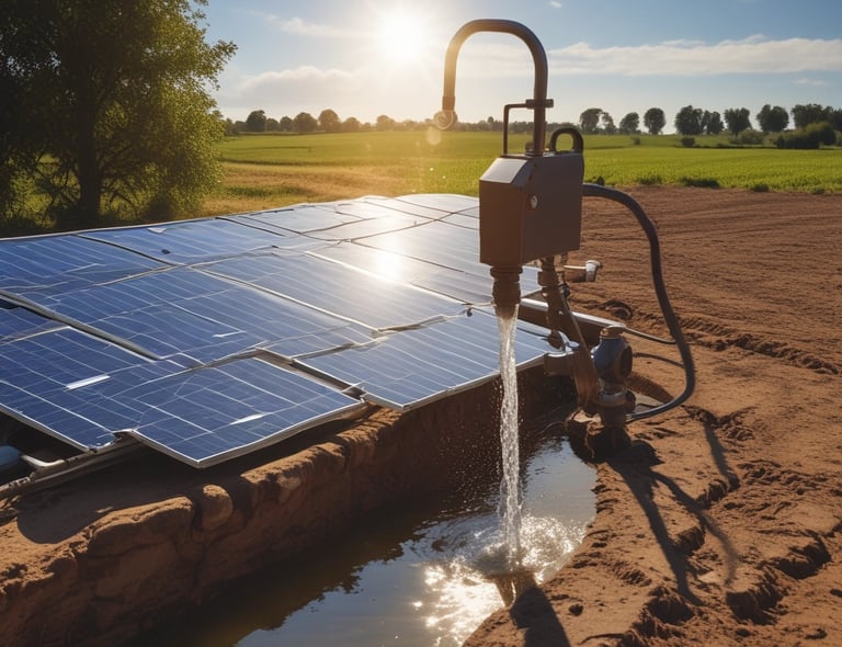Close-up of a solar-powered krishi pump installed in a lush green field under a clear blue sky.