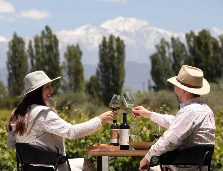 Personas brindando con vino en un paisaje de viñedos con montañas nevadas de fondo en Mendoza
