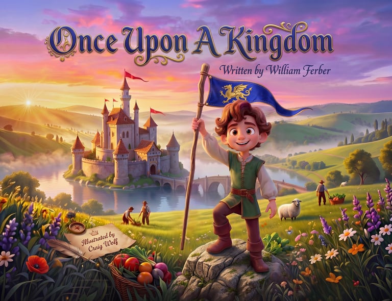Children's book cover for Once Upon A Kingdom showing a boy holding a flag before a fairy tale castle.