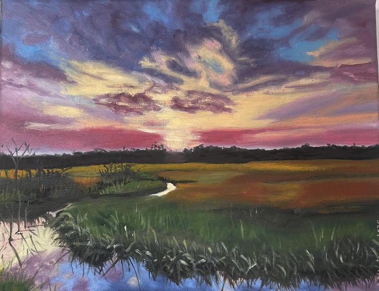 a painting of a sunset over a marshy marsh