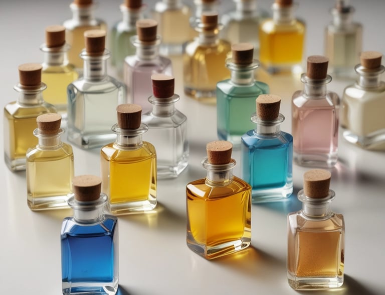 Close-up of a rustic wooden table displaying elegant glass bottles of rich, earthy scents.