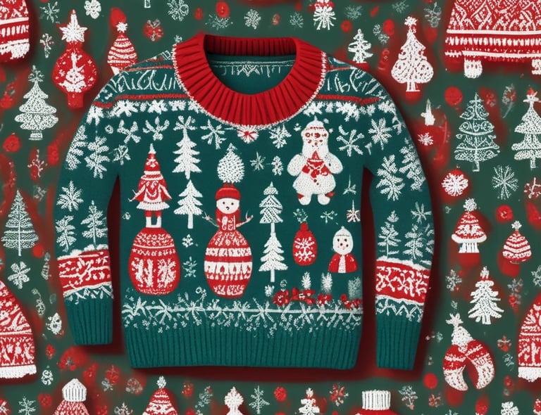 Festive Christmas sweaters displayed on mannequins with twinkling lights in the background