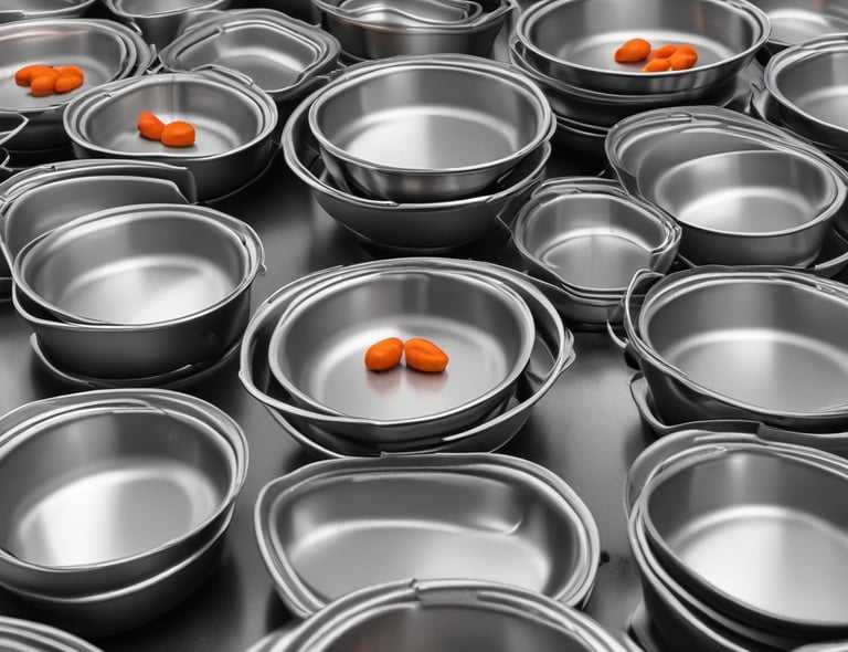 a stack of stainless steel frying pans with spoons and spoons