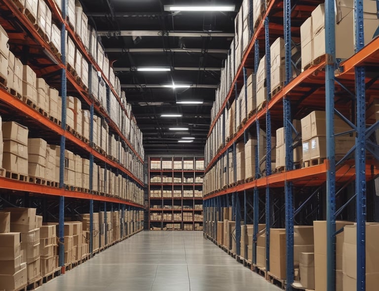 A warehouse or large store interior with shelves stacked high with packaged goods and supplies. A forklift with a yellow and black design is positioned in the center aisle, suggesting an industrial setting. The shelves hold products like large bags of rice or flour, boxed items, and various merchandise. Brightly colored cleaning tools are displayed on the left side, while more packaged goods fill the shelves to the right.