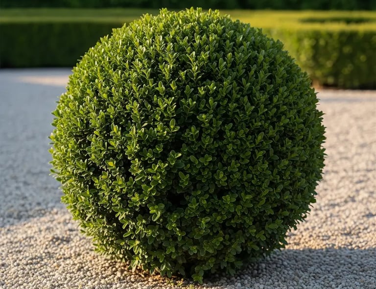 Esfera perfecta de Buxus Faulkner en un jardín de Pozuelo
