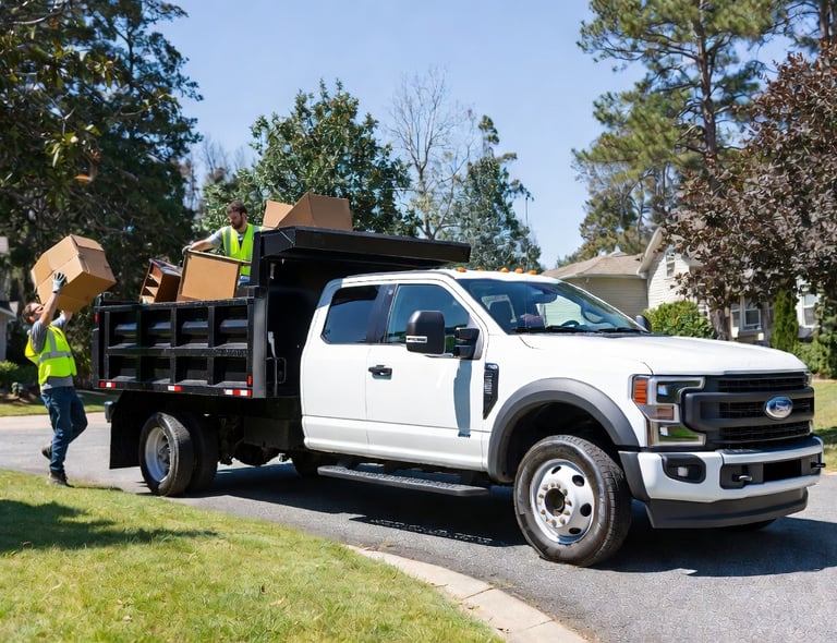 JK Cleanup team loading household junk into 2024 Ford F-550 dump truck during professional junk remo