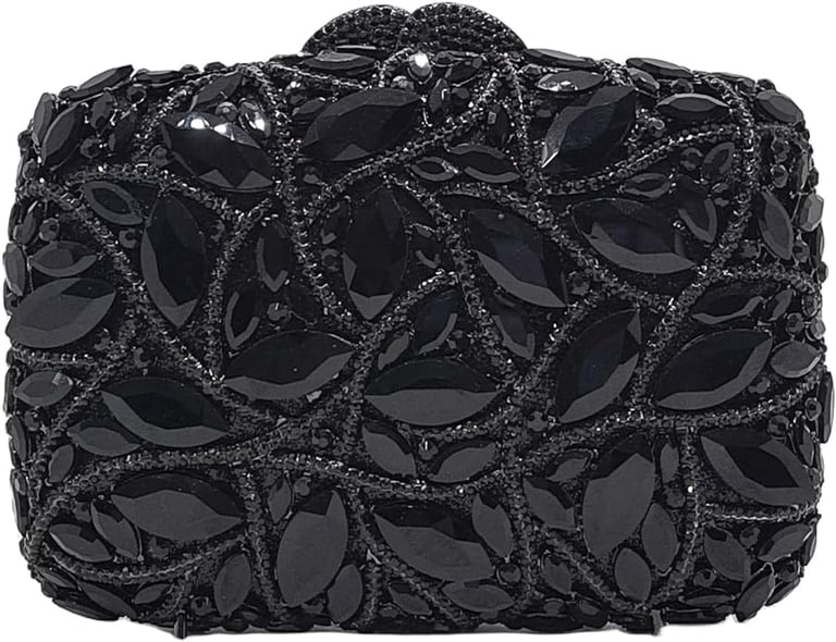 Little Black Tulle Dress Prom Look: Black Sparkling Crystal Clutch. Evening Box Handbag Purse