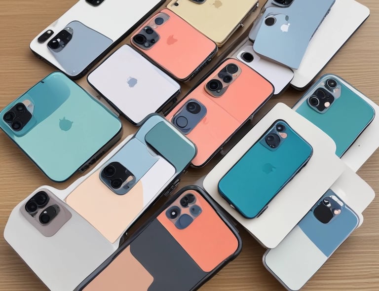 A collection of various smartphone and watch accessories is arranged neatly on a dark surface. The items include colorful phone cases with designs and labels, assorted watch bands in different materials and colors, and some packaged accessories. In addition to the tech accessories, there is a partial view of a green plant with yellow flowers and an over-ear headphone in the corner.