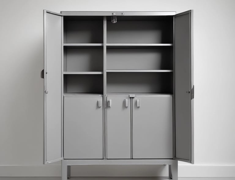 A spacious office or industrial storage space with large metal cabinets lined up along the wall, featuring circular locks. The area also includes modern office chairs and workstations with orange accents. Overhead, there is an array of exposed pipes and ventilation ducts.