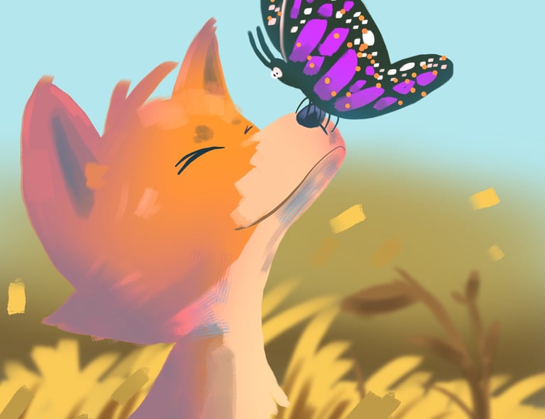 An orange fox sniffing a purple and black butterfly in a golden field