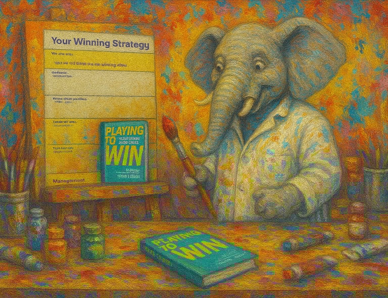 Comic style anthropomorphic elephant at artists easel displaying the book Playing to Win 
