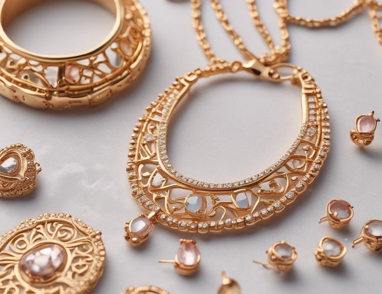 A set of jewelry items including large hoop earrings and a decorative ring are placed on top of a branded white box. The background features a dark-colored candle and some out-of-focus text, creating an elegant and sophisticated setting.