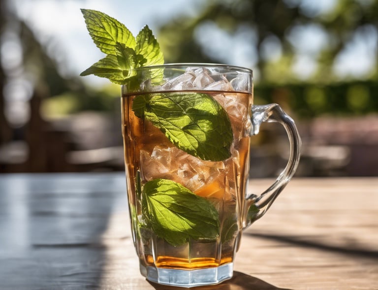 a clear cup of peppermint iced tea on a table