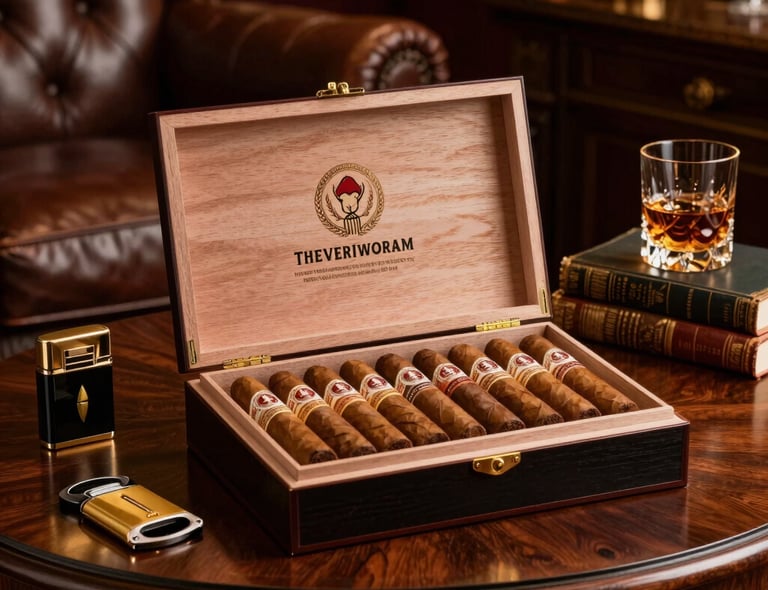 A finely crafted wooden cigar humidor with leather accents on a polished wooden table in warm light