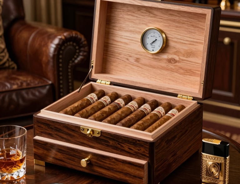 A finely crafted wooden cigar humidor with leather accents on a polished wooden table in warm light