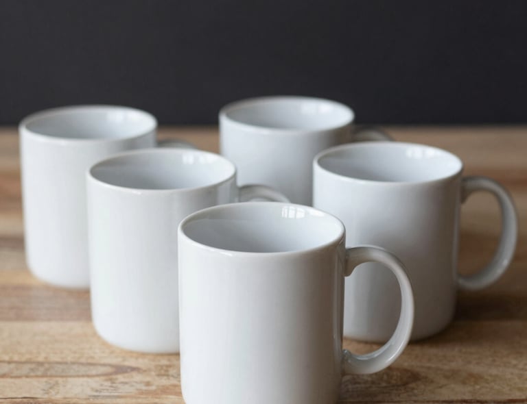 A colorful display of custom printed mugs arranged neatly on shelves.