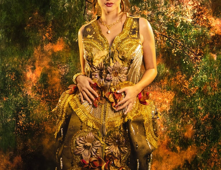 Woman in an ornate gold floral dress posing in front of an abstract autumn forest backdrop.