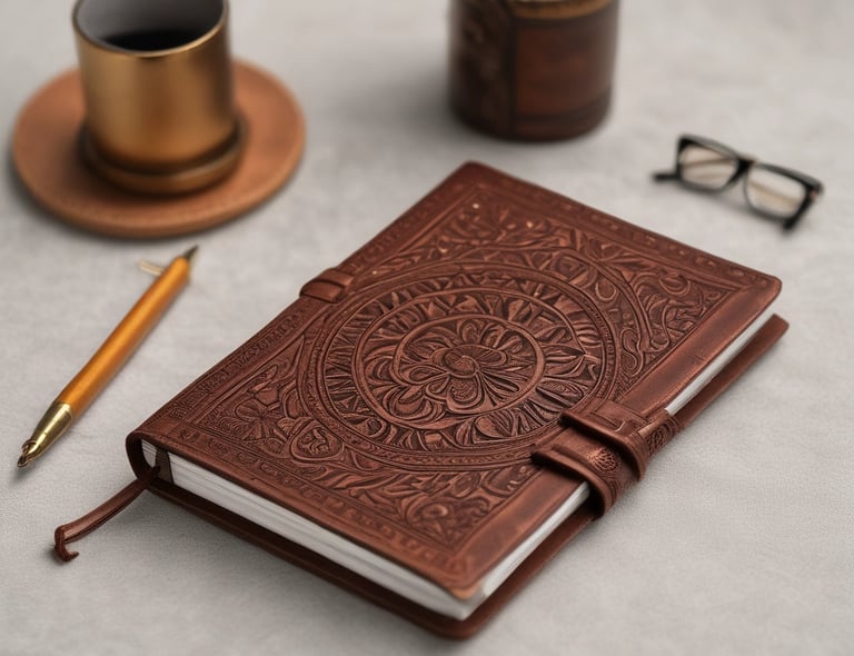 Close-up of a handcrafted leather journal with a textured cover and stitched edges.