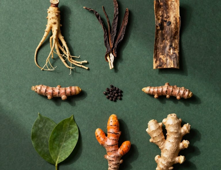 A serene close-up of fresh green turmeric roots resting on a wooden surface with soft natural light.