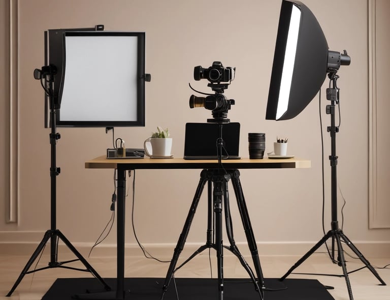 A sleek camera and softbox lighting setup on a minimalist desk.