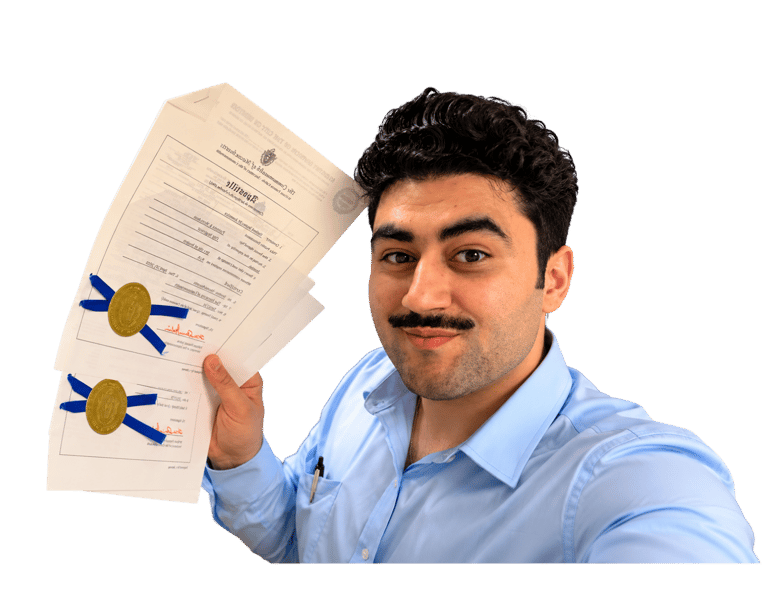 Man holding an official Massachusetts Apostille document with gold seal and blue ribbon for internat