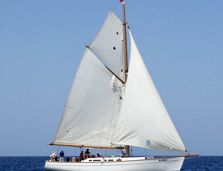 A sleek white sailboat gliding on calm blue waters under a clear sky.